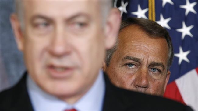 US House of Representatives Speaker John Boehner (R) listens as Israeli Prime Minister Benjamin Netanyahu speaks in the US Capitol in Washington, March 6, 2012. (Reuters photo)