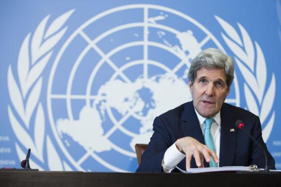U.S. Secretary of State John Kerry gestures during a news conference after he delivered remarks to the United Nations Human Rights Council in Geneva March 2, 2015. CREDIT: REUTERS/EVAN VUCCI/POOL