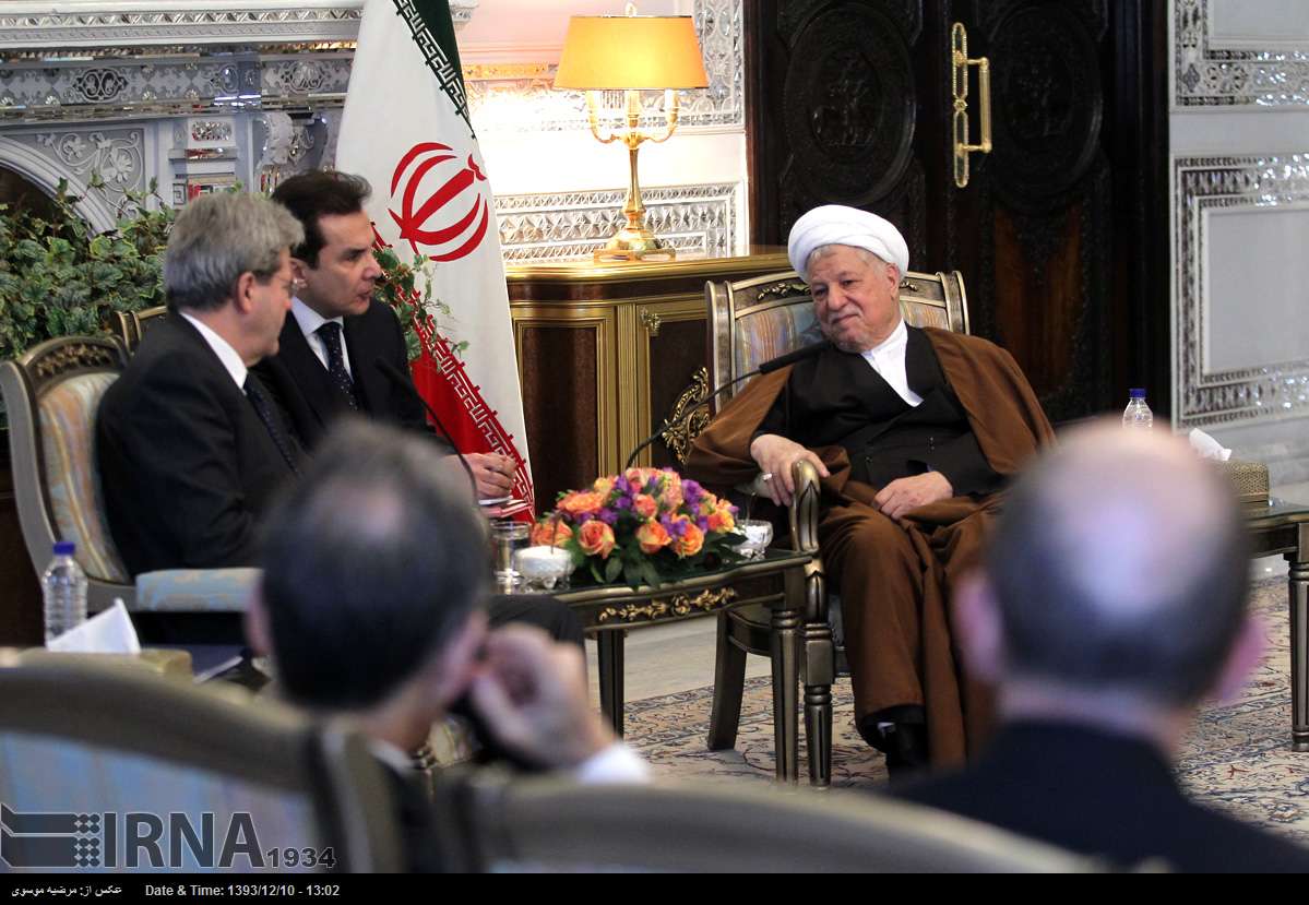 Expediency Council Chairman Ayatollah Akbar Hashemi Rafsanjani meets  Italian Foreign Minister Paolo Gentiloni in Tehran on March 1, 2015.