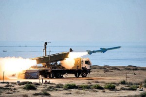 Ghader missile is launched at the shore of sea of Oman during Iran's navy drill.