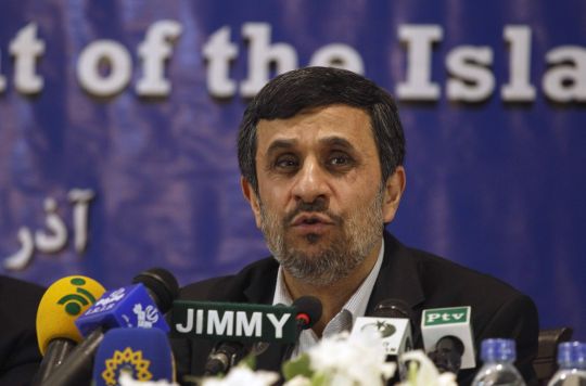 Iran's President Ahmadinejad speaks during a media conference at Iran's embassy after he attended the Developing-8 summit in Islamabad
