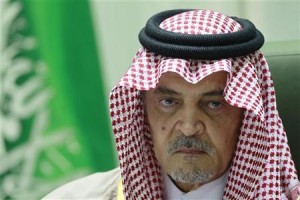 Saudi Arabian FM Prince Saud Al-Faisal gestures during a news conference at his office in Riyadh