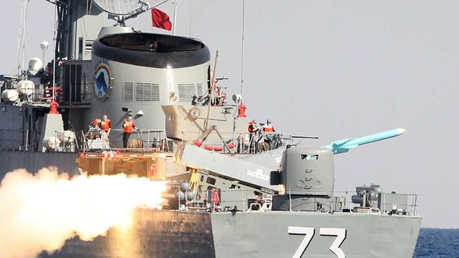 A Nour (Light) surface-to-surface missile is fired from an Iranian naval ship on the fifth day of the Velayat 91 military maneuvers, January 1, 2013.