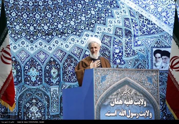 Senior Iranian religious figure Kazem Seddiqi addresses worshippers during weekly Friday Prayers in Tehran on Feb 27, 2015.