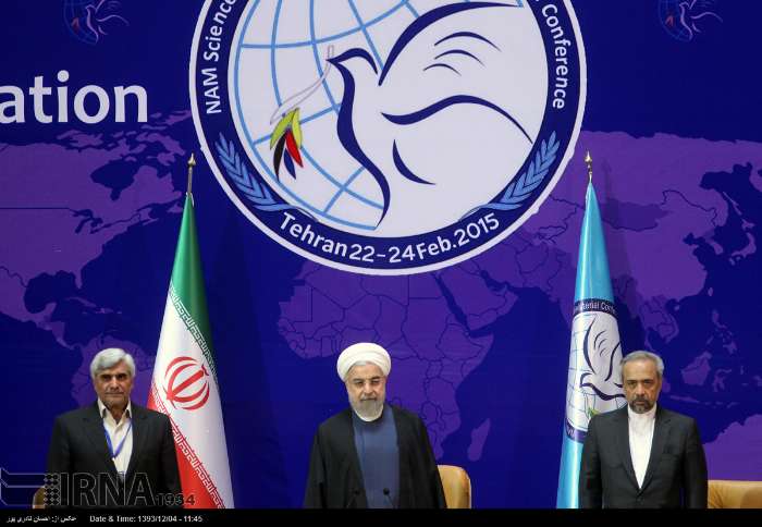 Iranian Science, Research and Technology Minister Mohammad Farhadi(L), President Rouhani(M) and Chief of Staff of Presidential Office Nahavandian(R) attend  NAM Ministers of Technology summit in Tehran on February 23, 2015.