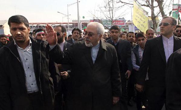 Iran's FM Zarif attends rally on the 36th anniversary of Islamic Revolution.