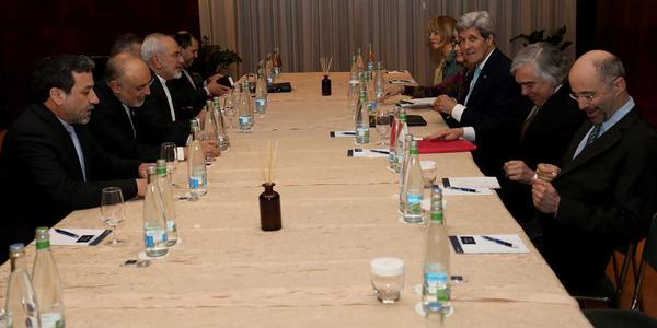 The Iranian and US delegations hold nuclear negotiations in the Swiss city of Montreux on March 2, 2015.