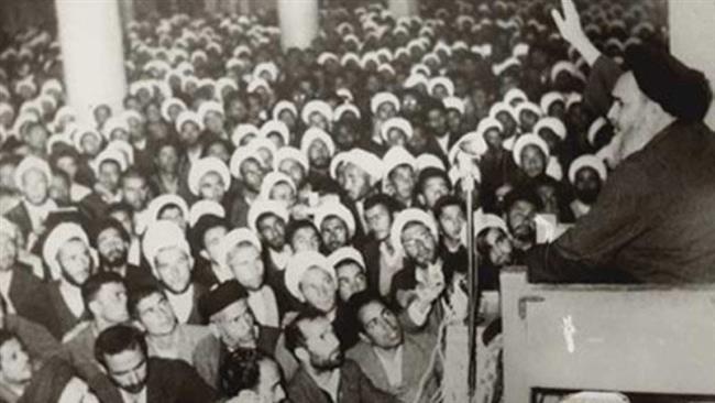 The file photo shows the late founder of the Islamic Republic Imam Khomeini delivering a speech in Qom on June 3, 1963. 