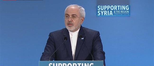 Zarif speaks during a donor conference for Syria in London